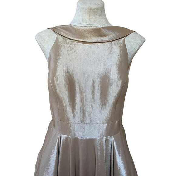 Mac Duggal Formal Dress Tea Length Champagne Taffeta Black Lace Trim Fit & Flare - Picture 5 of 16